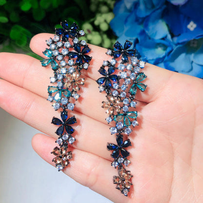 Elegant Long Dangle Drop Flower Multi Colour Blue Cubic Zirconia Earrings for Women