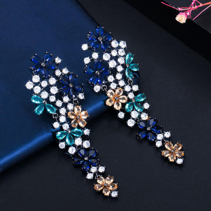 Elegant Long Dangle Drop Flower Multi Colour Blue Cubic Zirconia Earrings for Women