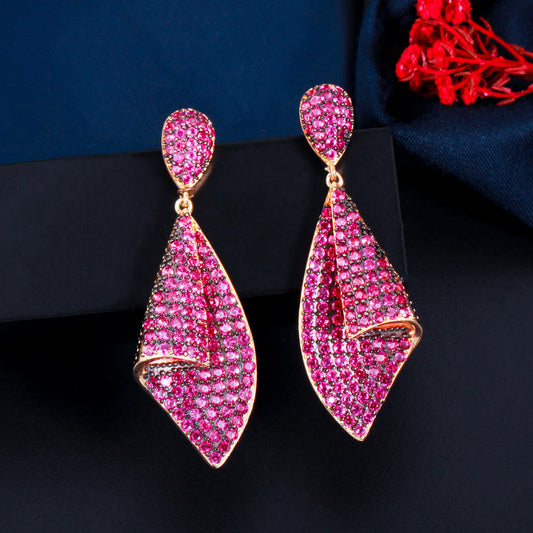 Gold plated micro pave red cubic zirconia dangle drop earring for women