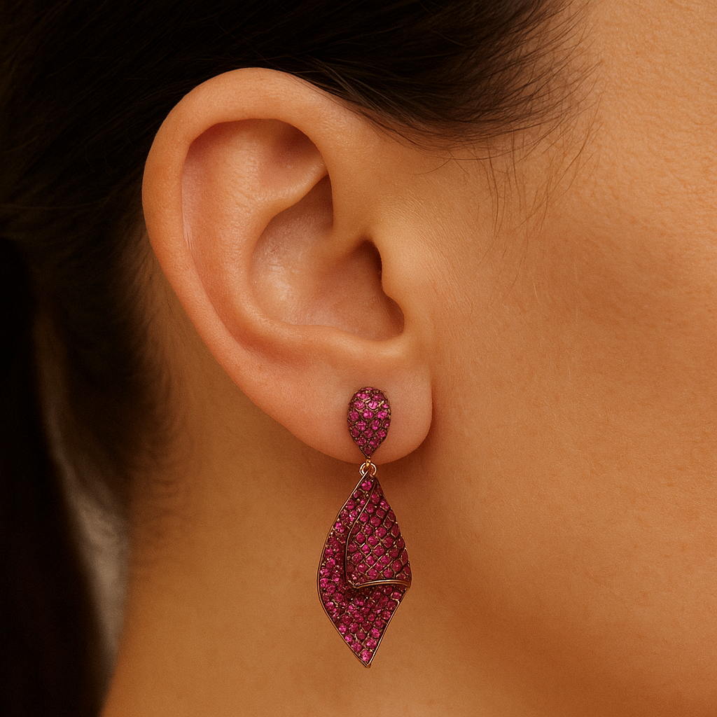 Gold plated micro pave red cubic zirconia dangle drop earring for women