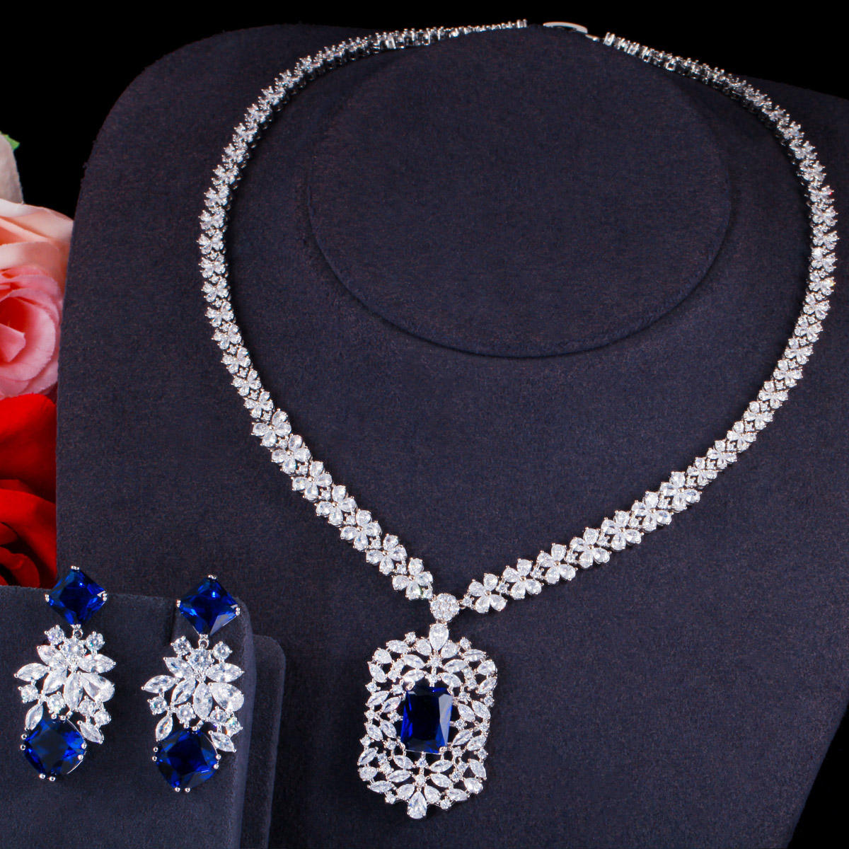 Luxury white gold plated blue shiny cubic zircon stone necklace set for women