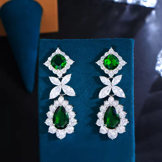 White Long Drop Green Brass Zircon Earrings