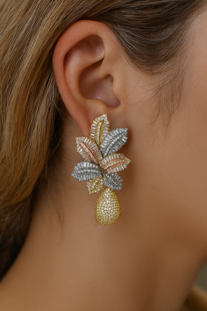 3 Tone Gold Plated  Leaf Drop Flower Micro Cubic Zirconia earring