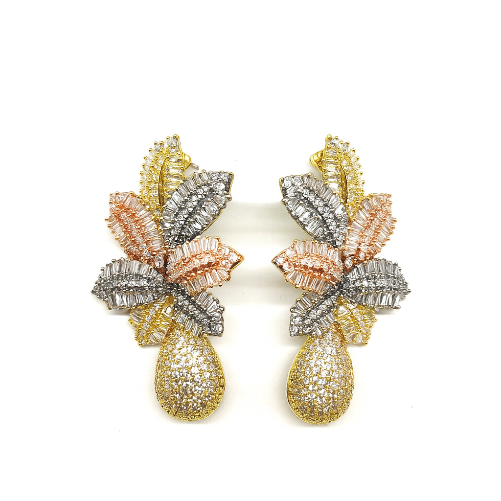 3 Tone Gold Plated  Leaf Drop Flower Micro Cubic Zirconia earring