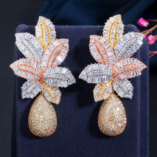 3 Tone Gold Plated  Leaf Drop Flower Micro Cubic Zirconia earring