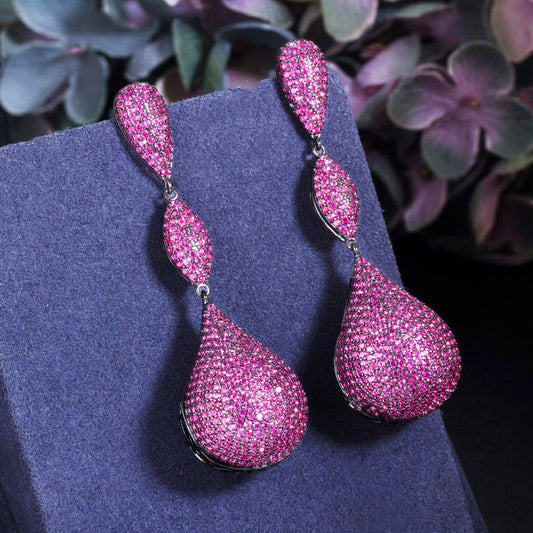 Luxury full micro pave cubic zirconia red long dangle earring for girls