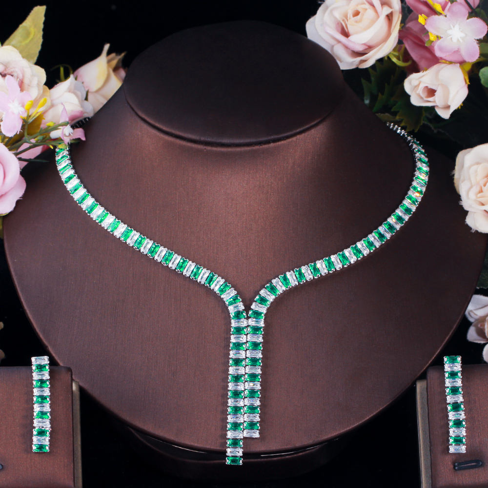 Luxury single row party wear green white rhinestone necklace with pair of earring for women