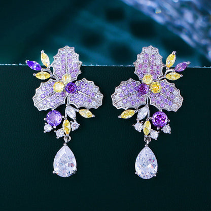 Elegant Purple Yellow Cubic Zirconia Long Flower Leaf Drop Earrings for Women