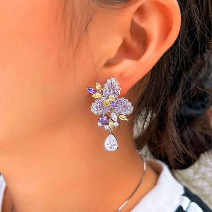 Elegant Purple Yellow Cubic Zirconia Long Flower Leaf Drop Earrings for Women