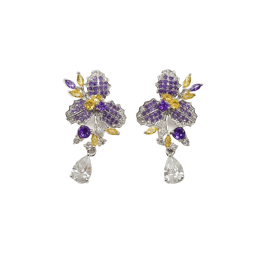 Elegant Purple Yellow Cubic Zirconia Long Flower Leaf Drop Earrings for Women