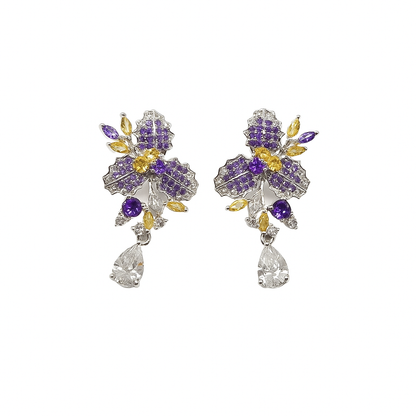 Elegant Purple Yellow Cubic Zirconia Long Flower Leaf Drop Earrings for Women