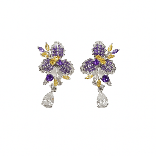 Elegant Purple Yellow Cubic Zirconia Long Flower Leaf Drop Earrings for Women