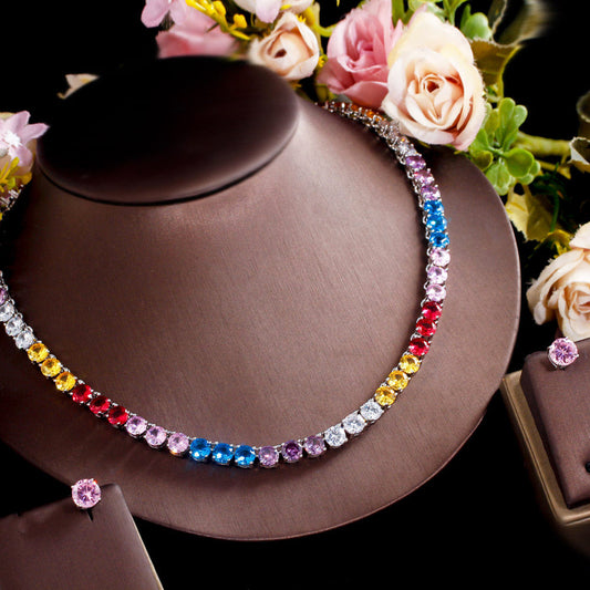 Classy rainbow colour cubic diamonds tennis chain necklace set for girls