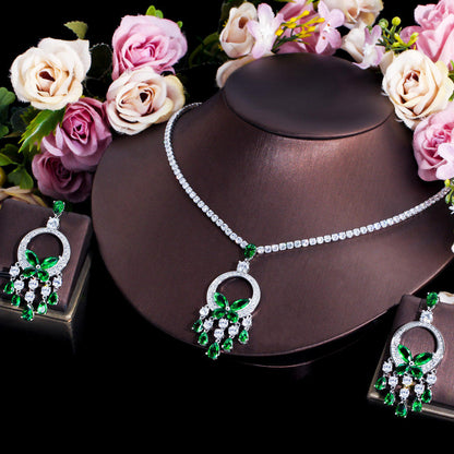 Green Cubic Zirconia Chandelier Tassel Drop Big Necklace set for women