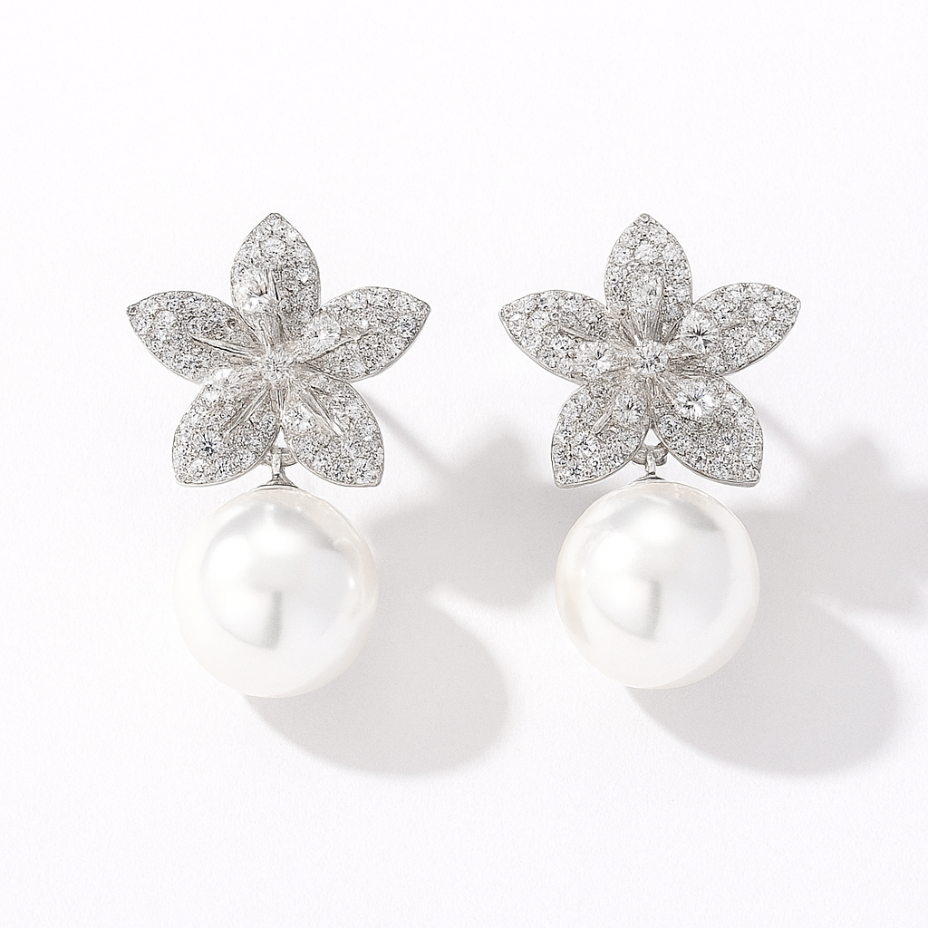 American diamonds micro pave flower shape with pearl stud earring for women