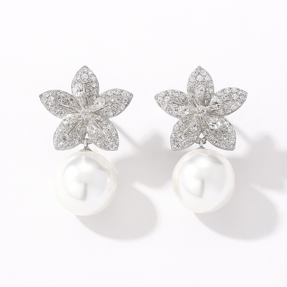 American diamonds micro pave flower shape with pearl stud earring for women