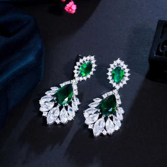 Stylish water drop style green stone cubic diamonds dangle earring for women