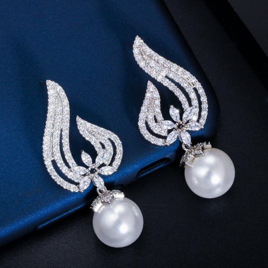 White gold plated cubic zirconia big drop pearl stud earring for girls