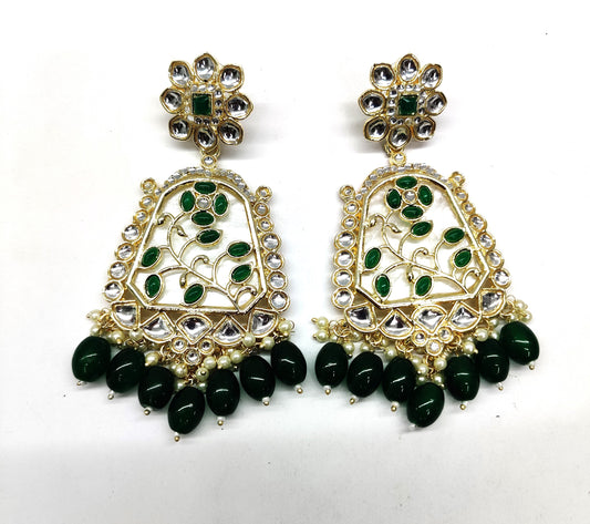 Square Shape Kundan Stylish Ethic Earring With Green Pearls