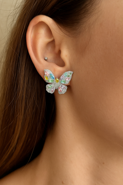 Butterfly Shape With Multi Colour Cubic Diamonds Stud Earring