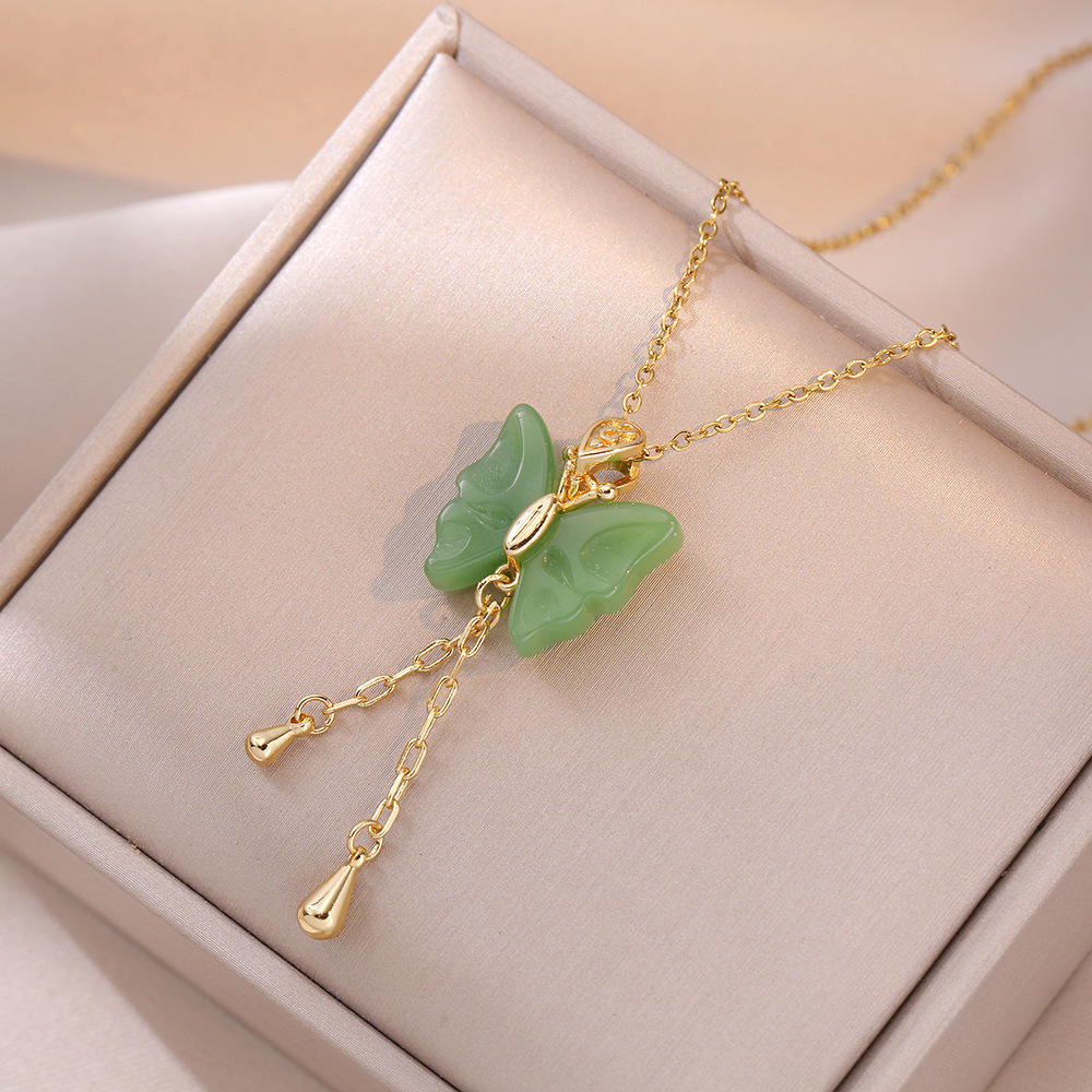 Green Butterfly Pendant Necklace With Gold Chain For Girls