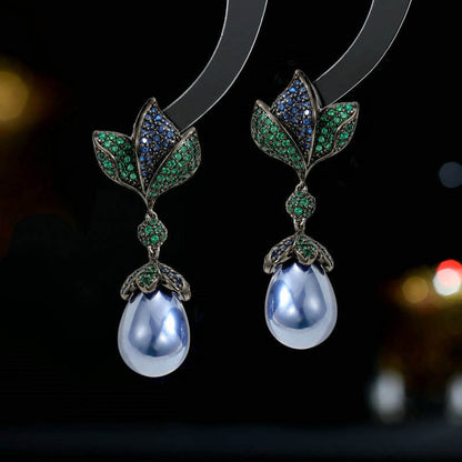 Leaf Style Green Clour Cubic Diamonds With Blue Pearl Dangle Earring