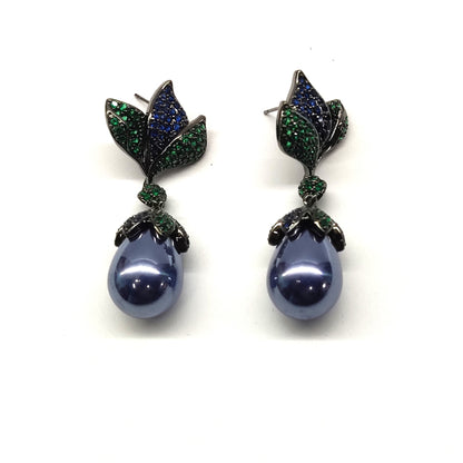 Leaf Style Green Clour Cubic Diamonds With Blue Pearl Dangle Earring