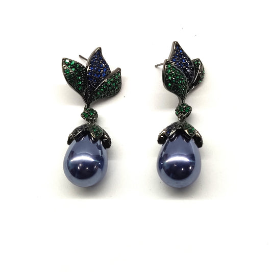 Leaf Style Green Clour Cubic Diamonds With Blue Pearl Dangle Earring