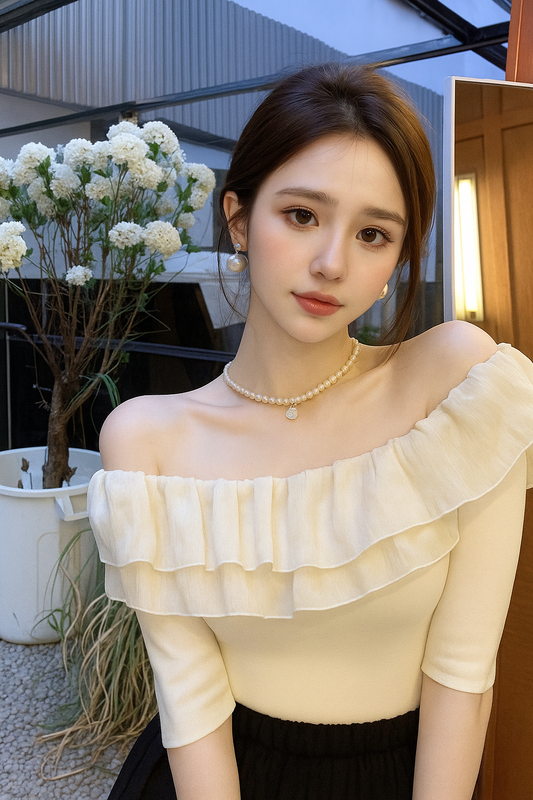 Double Layer Ruffle Edge  Shoulder T-shirt