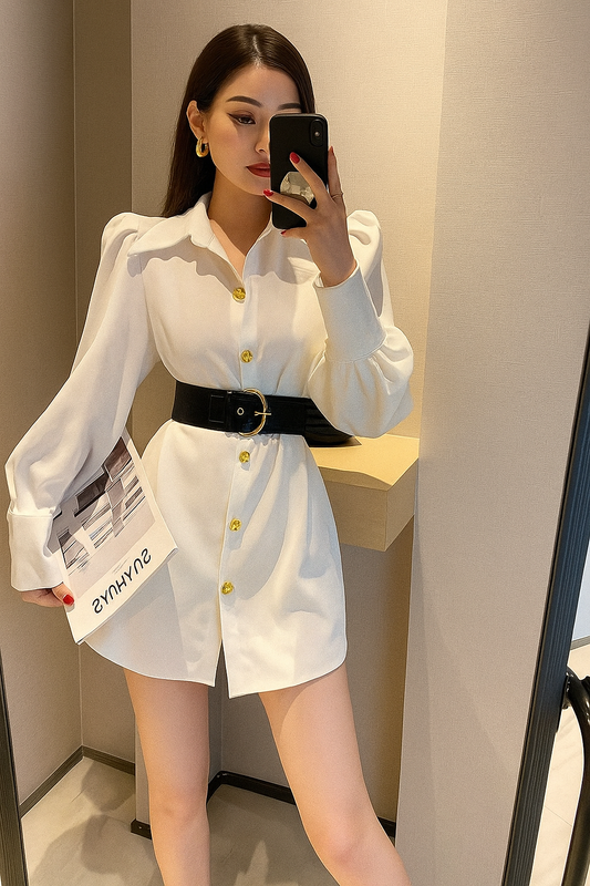 Long sleeves with belt long shirt dress