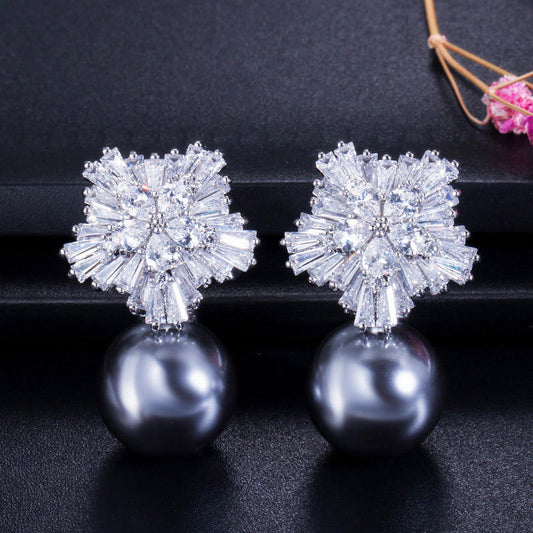 Korean snow flow cubic diamonds with grey pearl stud earring for girls