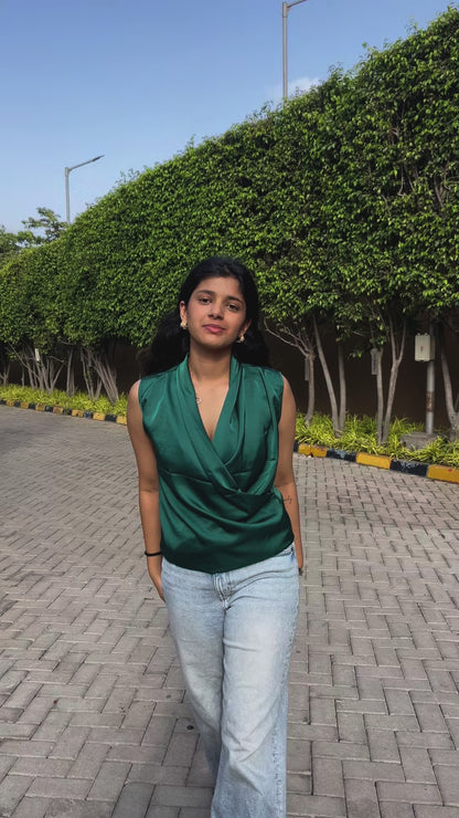 Green v neck sleeveless top for women's